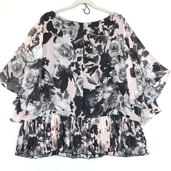 Dress Barn Kimono Sleeve Blouse Pleated Hem Women 24 Black Pink White Floral - Picture 2 of 13